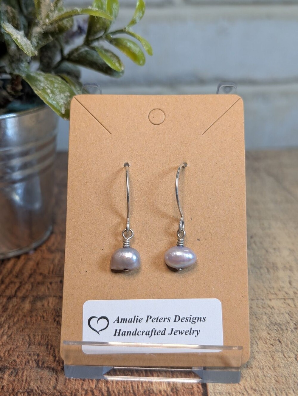 Handcrafted Silver Wire Wrapped Dainty Drop Pearl Lavender Dangle Earrings
